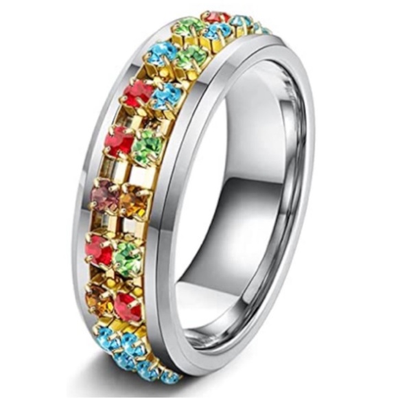 Fidget Spinner Stainless Steel Multicolor Jeweled Ring, Size 6 - Picture 3 of 9